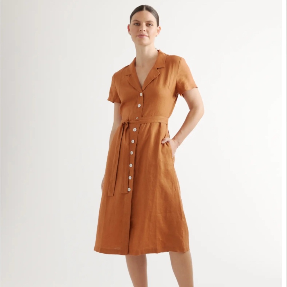 100% European Linen Button Front Dress Quince